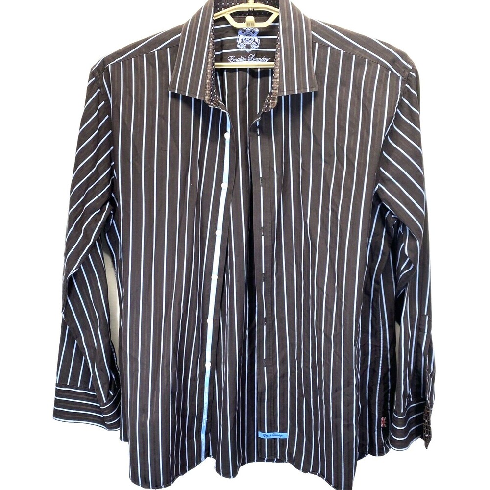 English Laundry Men's Dress Shirt 18 1/2-36/37 Contrast Cuff Blue/Brown Stripe